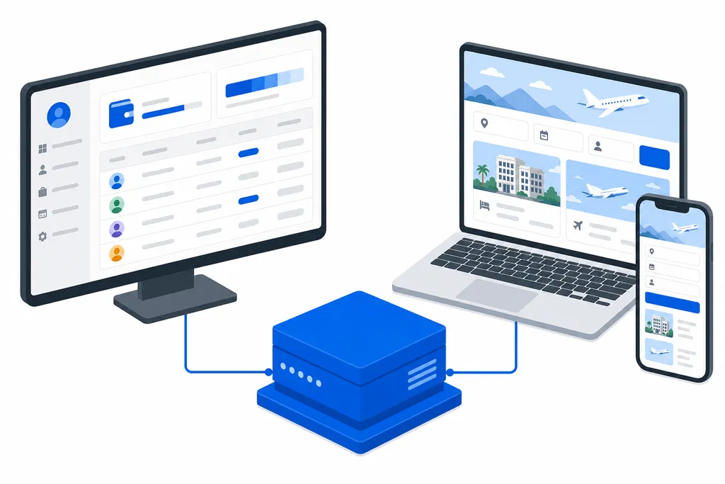 An agent portal on a desktop and a consumer booking site on a laptop and phone, both connected to one platform