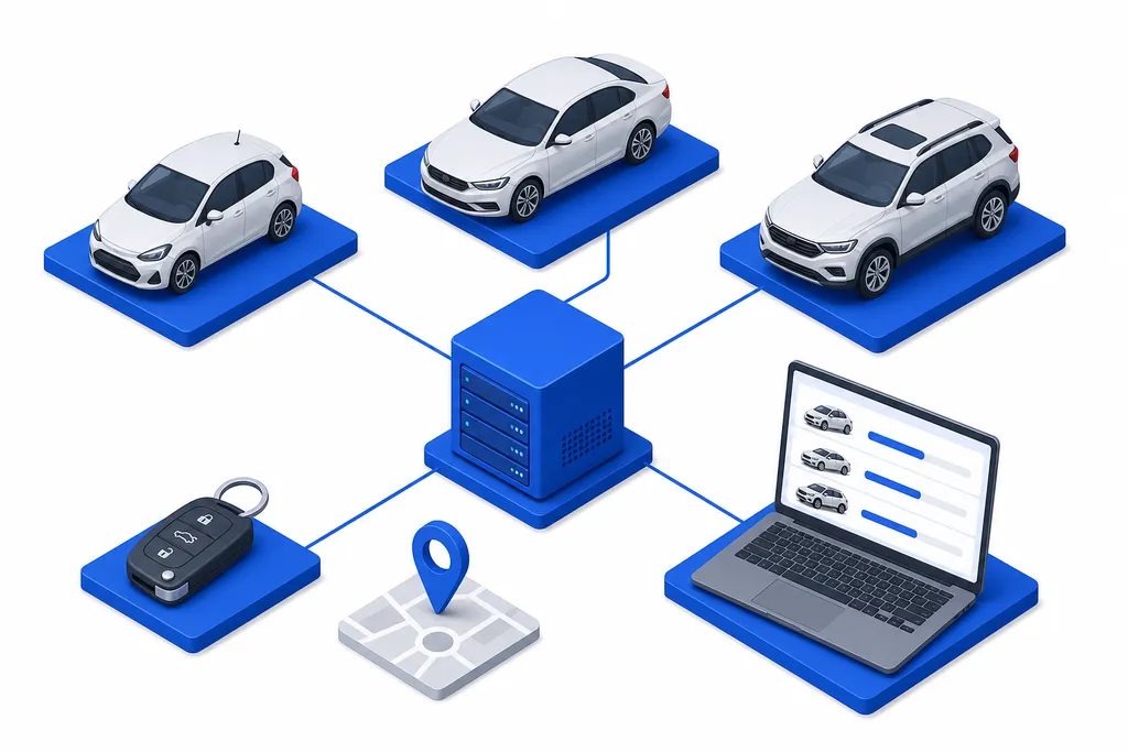 Rental cars from several suppliers connected to one booking server, with a car key, a map pin and a laptop showing car results