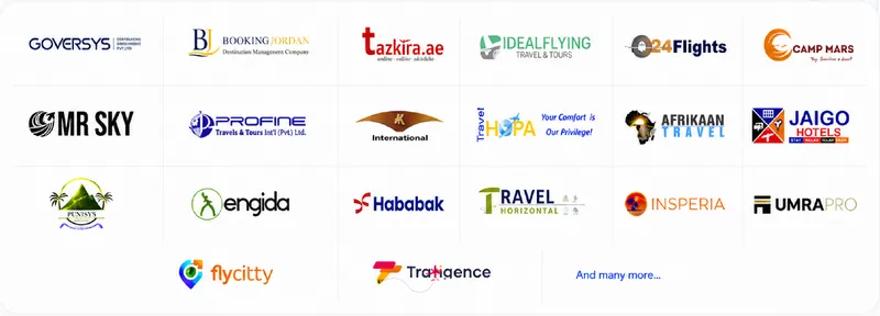 Loghi dei clienti: Goversys, Booking Jordan, Tazkira.ae, Ideal Flying Travel & Tours, 24Flights, Camp Mars, Mr Sky, Profine Travels & Tours, K International, Travel Hopa, Afrikaan Travel, Jaigo Hotels, Punisys, Engida, Hababak, Travel Horizontal, Insperia, UmraPro, Flycitty, Travigence e molti altri