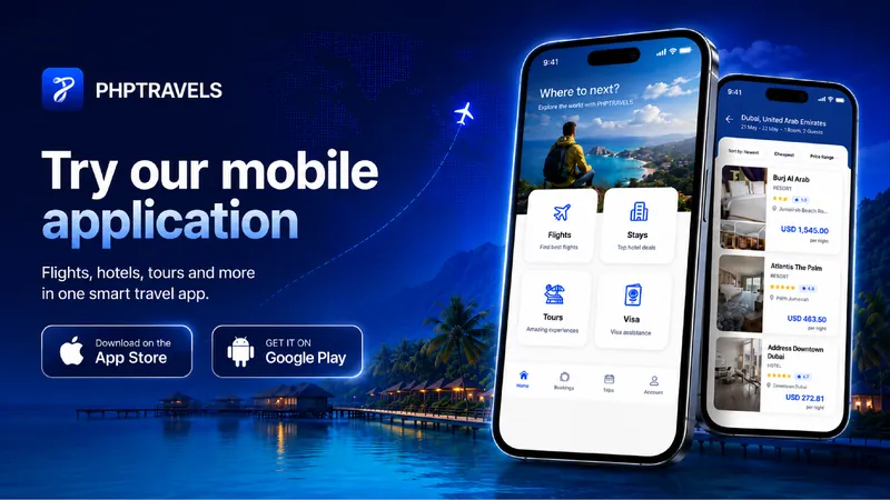 L'app di viaggio PHPTRAVELS su due smartphone: la schermata iniziale con voli, soggiorni, tour e visti, e un elenco di hotel a Dubai