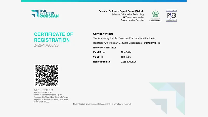 Certificato di registrazione PSEB di PHP TRAVELS, valido da novembre 2014