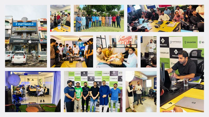 Collage di foto del team PHPTRAVELS e dell'ufficio di Lahore: l'edificio, riunioni di team, celebrazioni e workshop