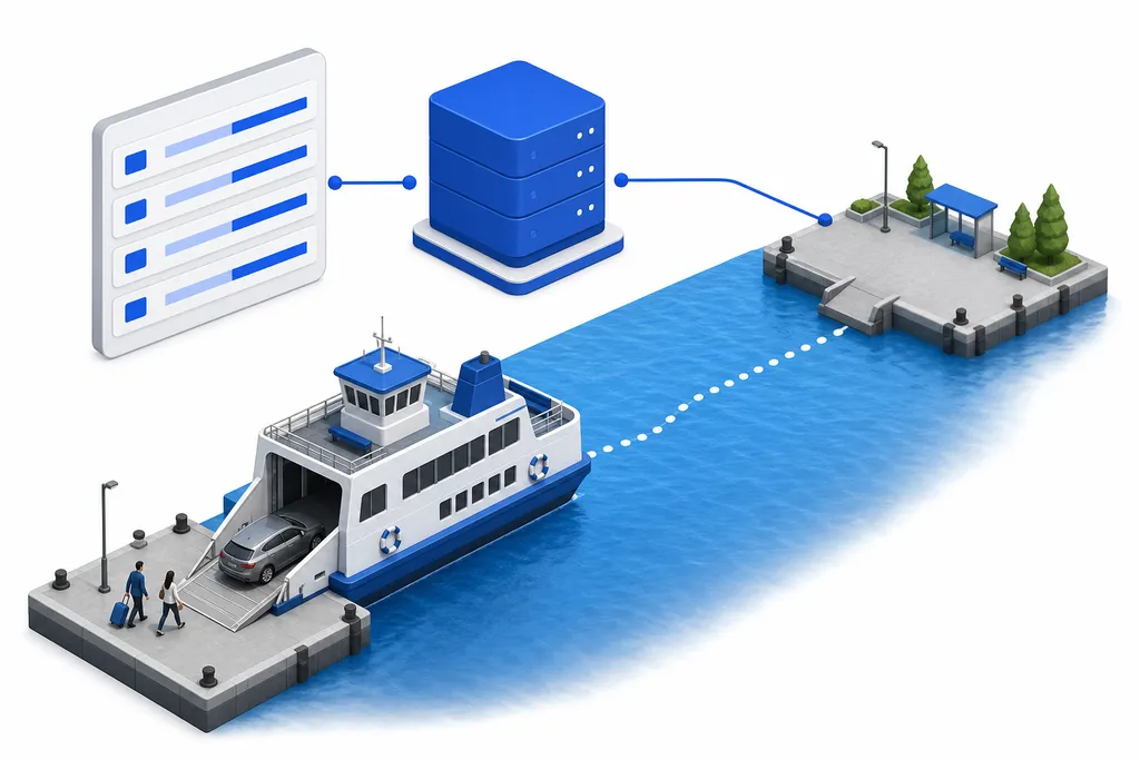 A route line linking a mainland port to two islands, with ferry sailings, vehicles and tickets passing between a booking platform and the ferry operators