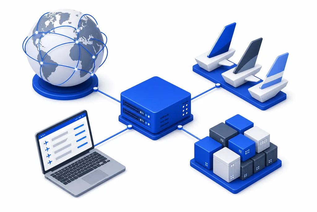 One booking platform connected to a GDS network, airlines directly and a consolidator