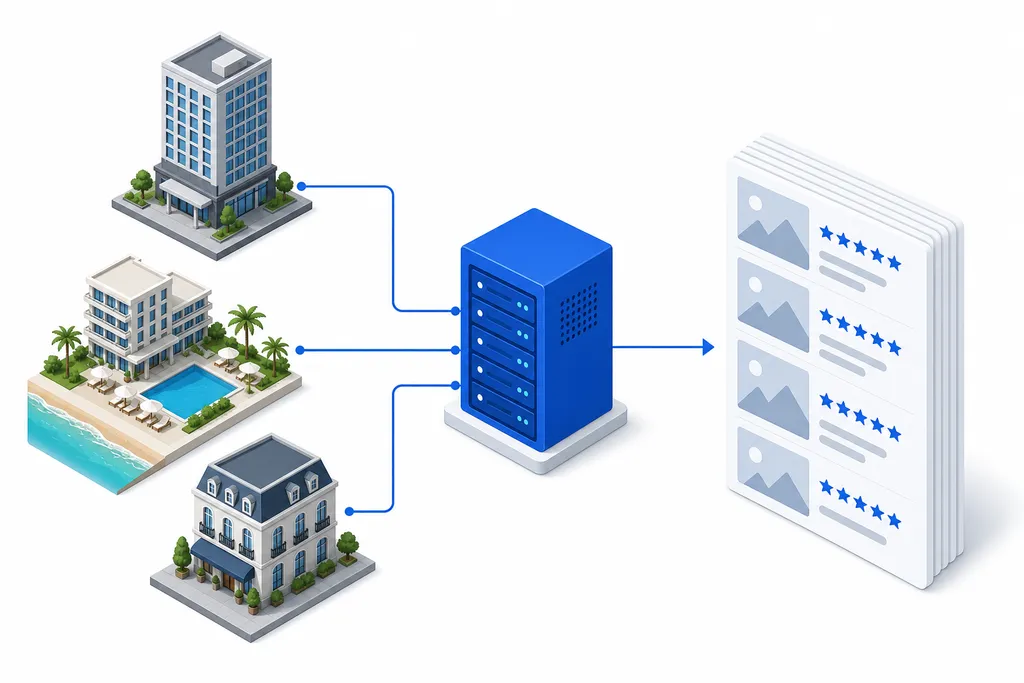 Rooms from many hotel suppliers merged into one hotel list on a booking platform
