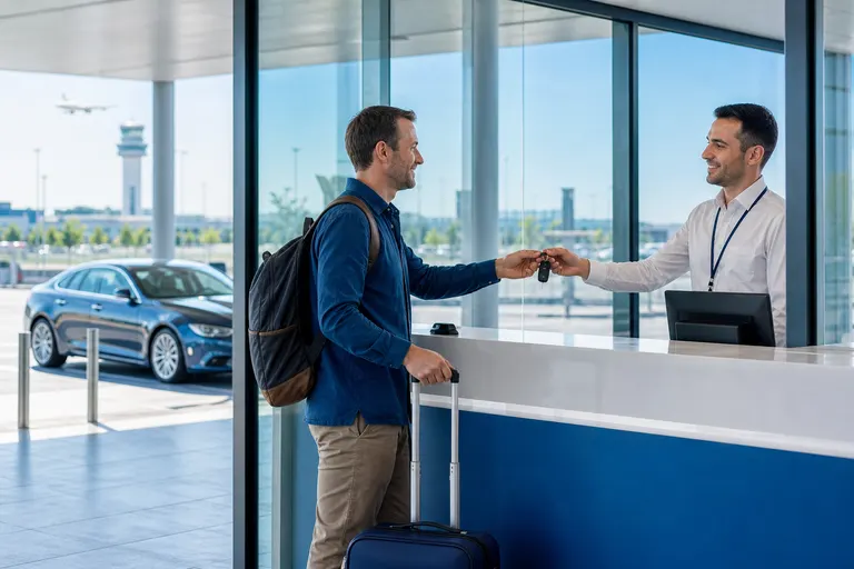 A traveller receiving car keys at an airport rental counter