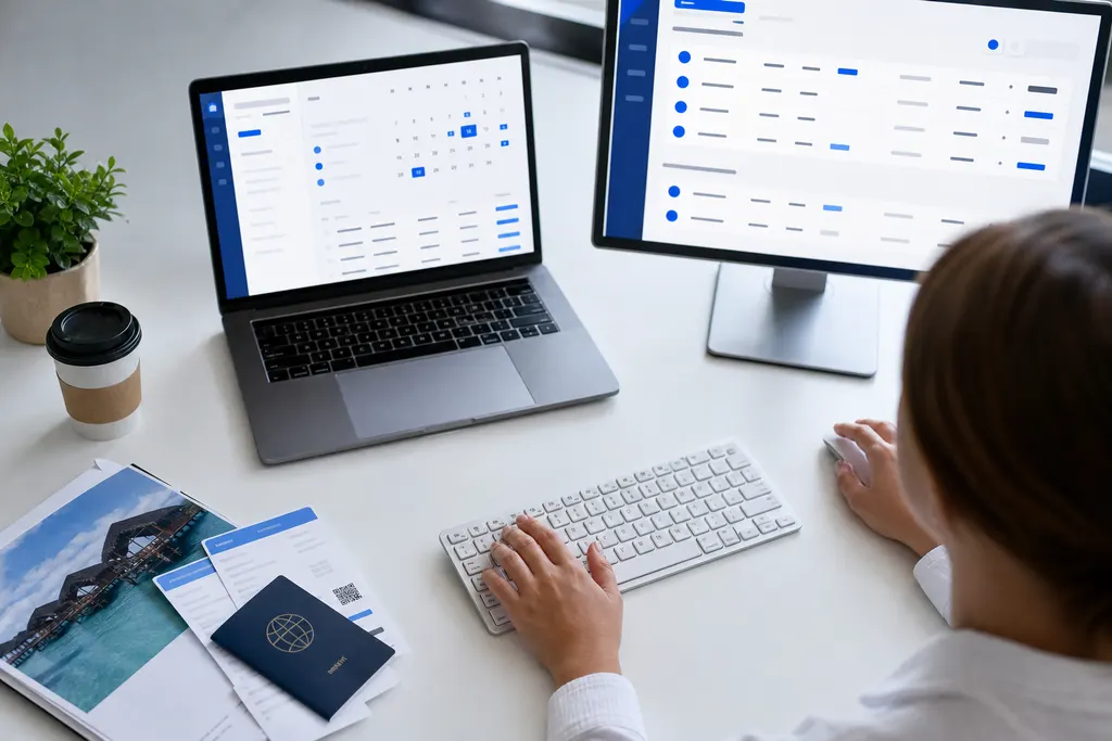 A travel operations desk with a booking calendar and reservation list on screen, a passport and e-vouchers