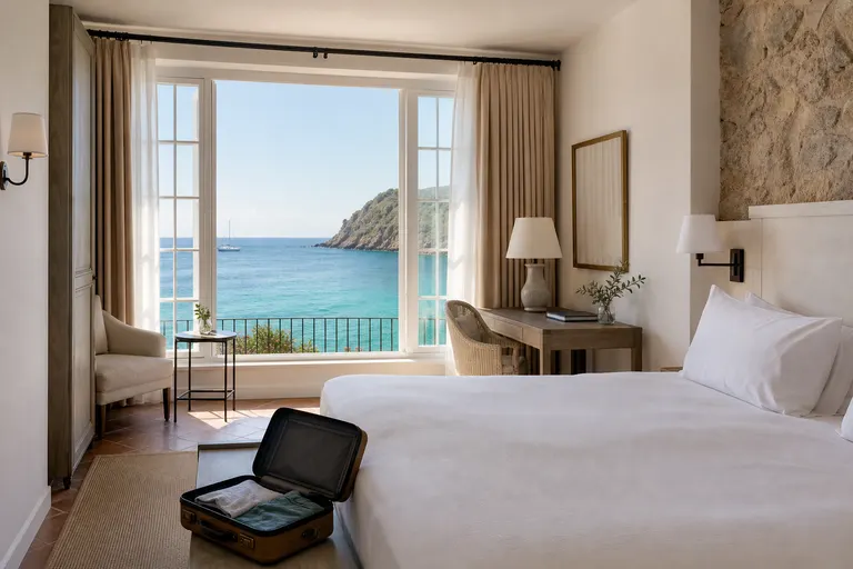 A bright boutique hotel room with a sea view