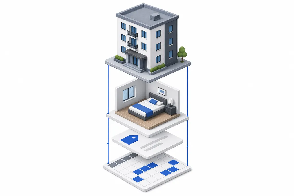 A building, a room, a rate tag and a calendar drawn as separate stacked layers of one accommodation listing