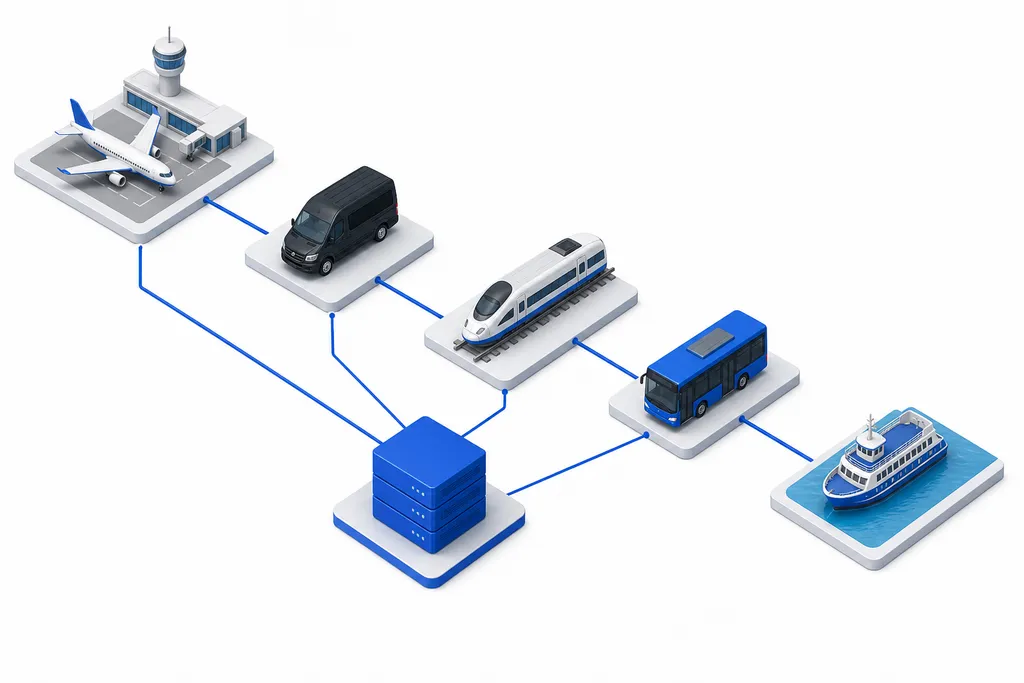 A traveller's route from an airport by private car, train, bus and ferry to a hotel, each leg connected to one booking platform