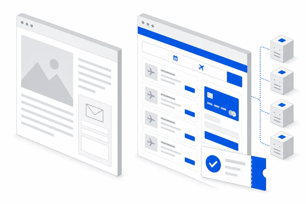 Illustration: a static brochure website with an enquiry form beside a booking engine with a search box, results, a card payment panel, a confirmation voucher and connected supplier servers