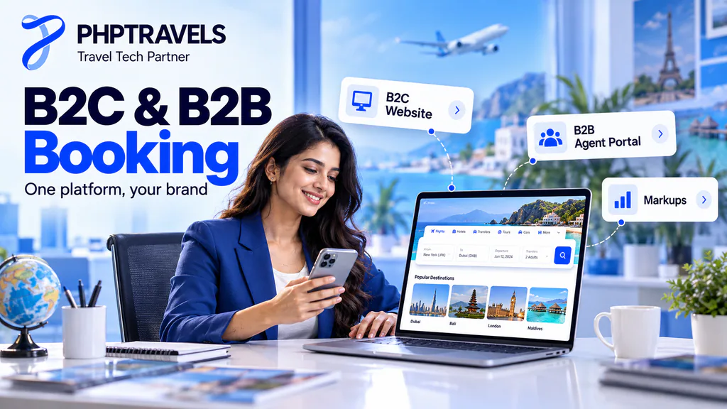 B2C and B2B white label travel portal for travel agencies by PHPTRAVELS, with a public booking site and an agent portal