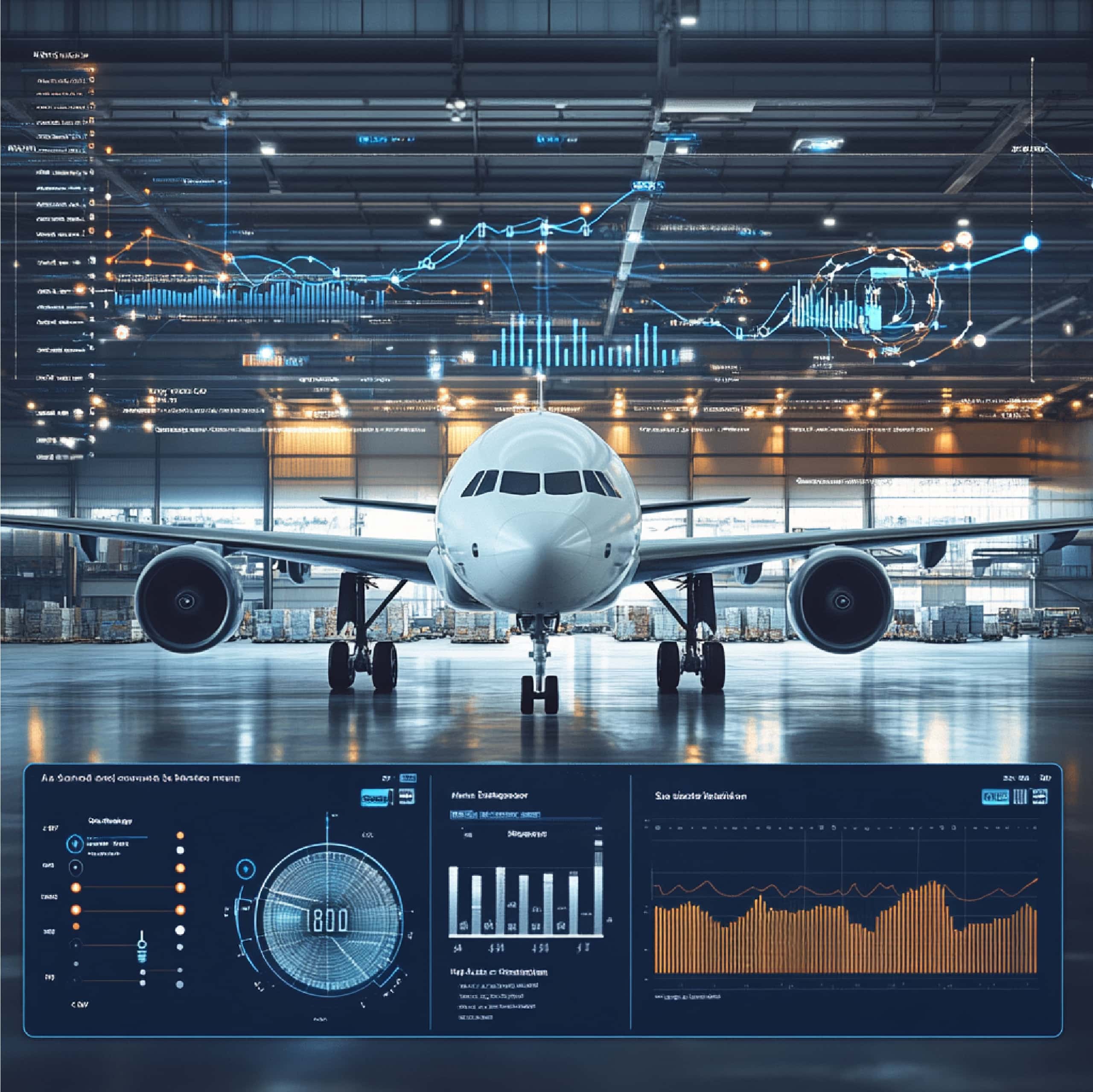 Airline management system dashboard showing reservations, schedules, crew, and revenue performance