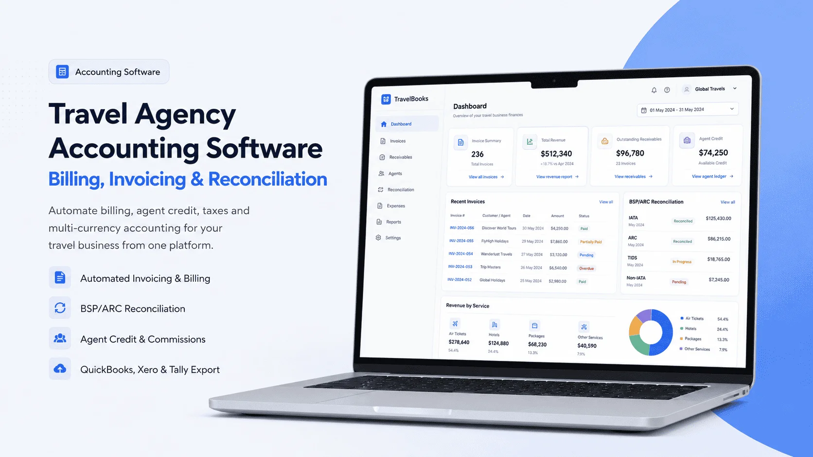 Travel accounting dashboard with invoicing and BSP ARC reconciliation
