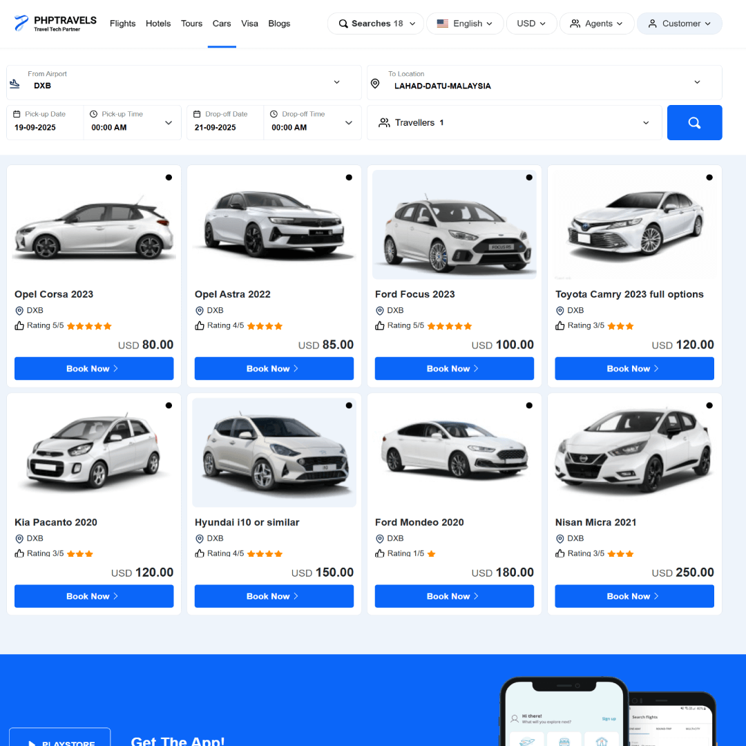 Car rental module search and policies screenshot