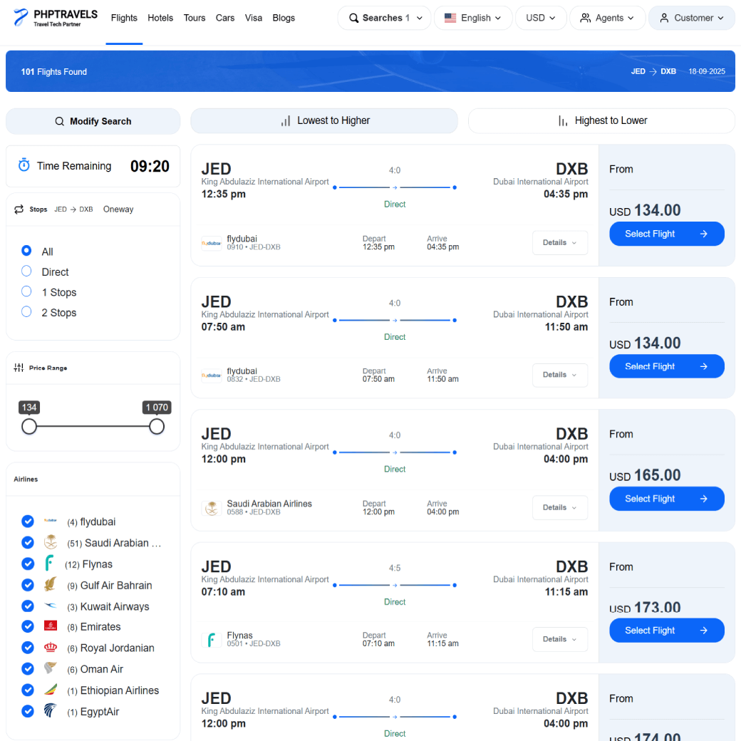 Flight booking search flow screenshot