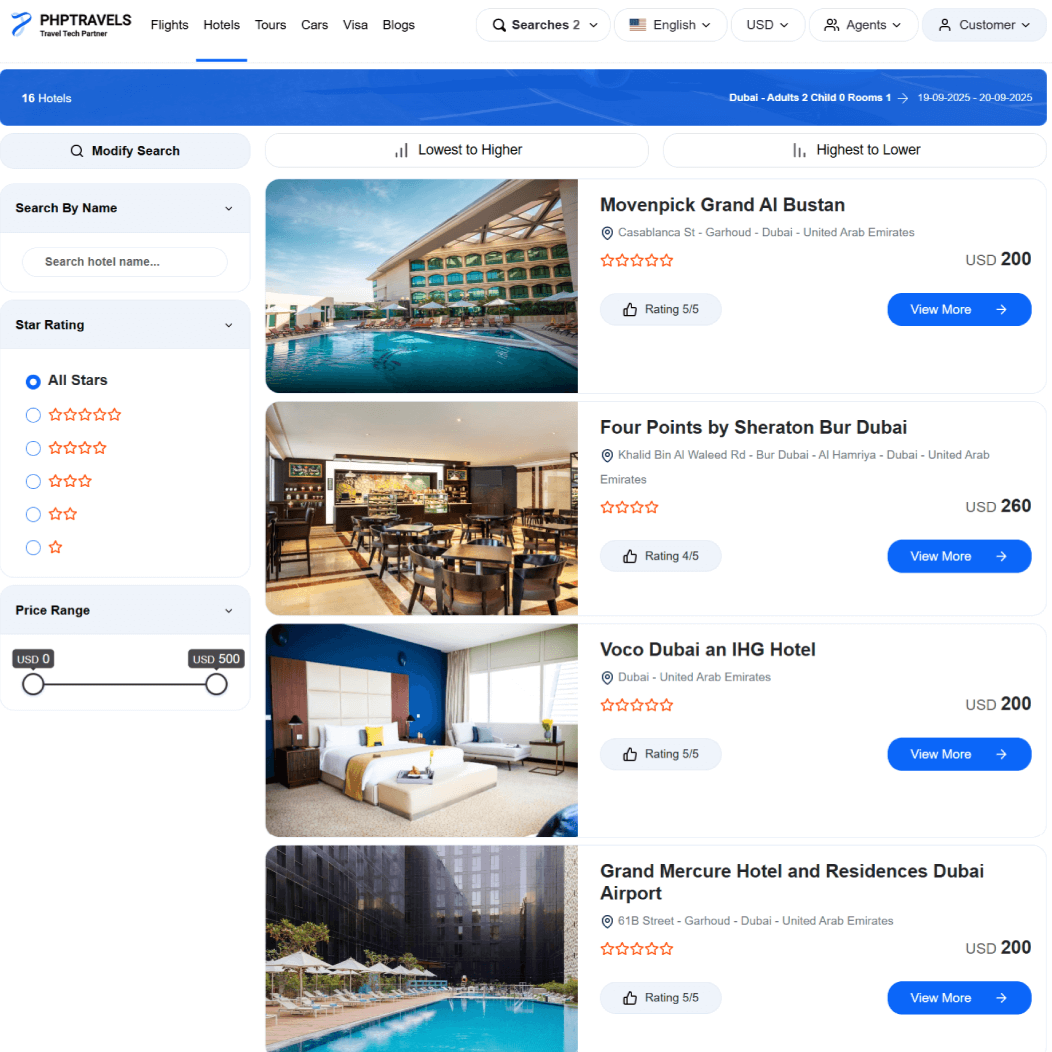 Hotel results and filters screenshot