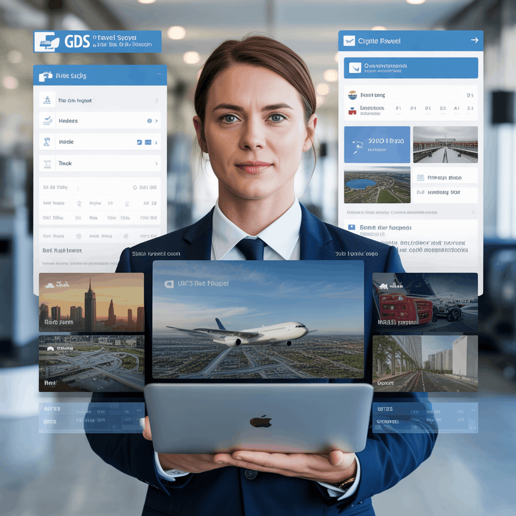 Travel booking platform interface showing GDS powered search for flights hotels and cars with agency operations dashboard