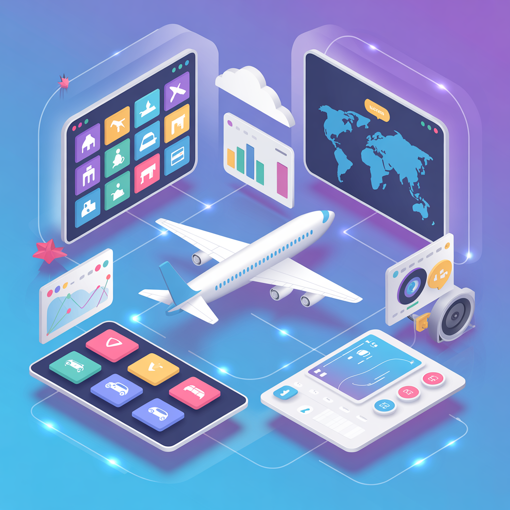 Travel technology platform overview showing booking engines, integrations, payments, and reporting
