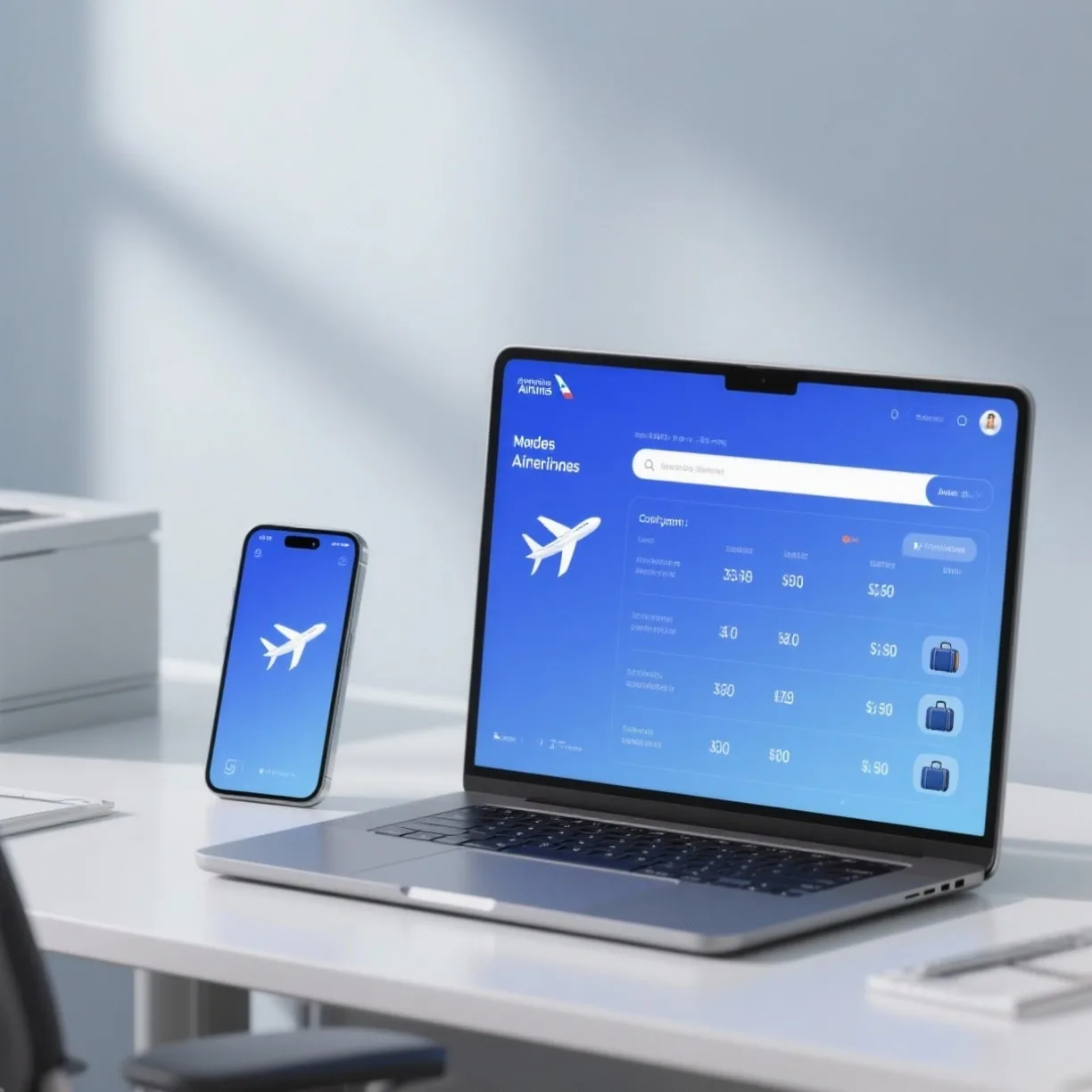 Airline reservation software displayed on desktop and mobile screens