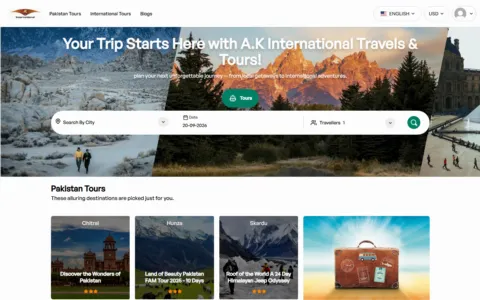 AK International homepage at akinternational.com, built on PHPTRAVELS