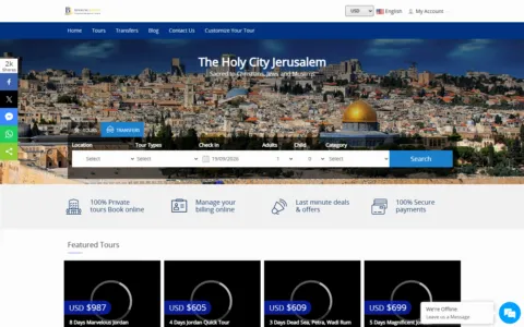 Booking Jordan homepage at bookingjordan.com, built on PHPTRAVELS