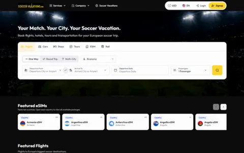 Soccer Vacations homepage at book.soccervacations.com, built on PHPTRAVELS