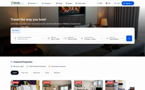 Travel Horizontal homepage at travelhorizontal.com, built on PHPTRAVELS