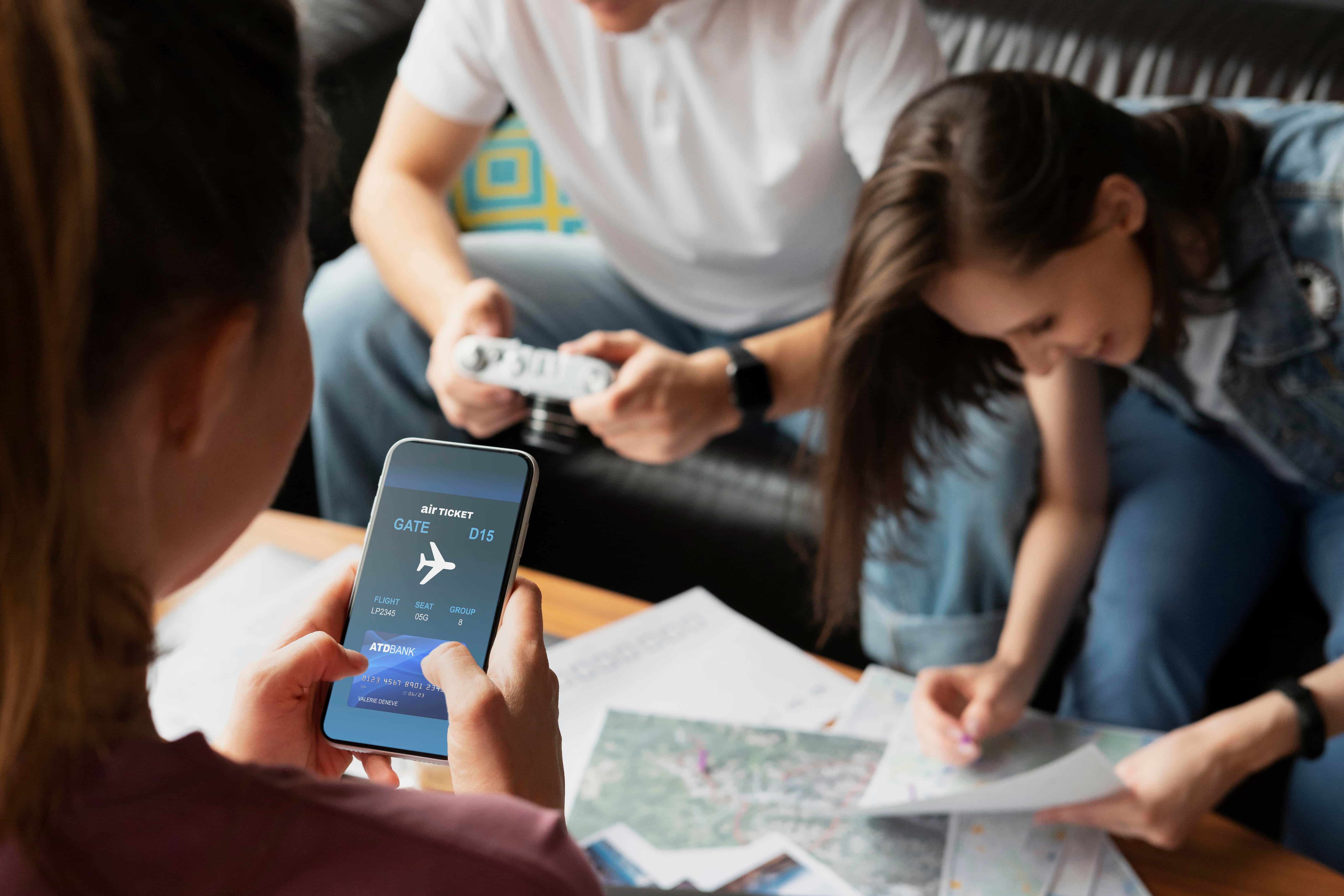 Travel mobile app interface showing booking search flights hotels itinerary details payment confirmation and traveler account tools