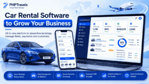 Car rental software dashboard with booking management, fleet tracking, mobile app integration, payments, analytics, and customer management tools for rental businesses.