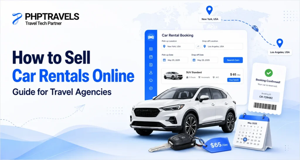 How to sell car rentals online with a travel agency booking system showing car search, pricing, booking and confirmation.
