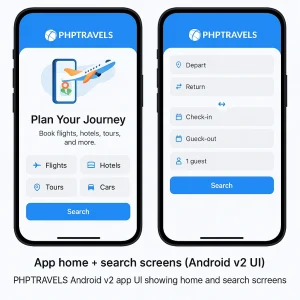 PHPTRAVELS Android v2 app UI showing home and search screens