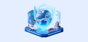Cybersecurity protection for travel industry platforms showing global travel network shield with airplanes hotels and digital systems