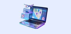 Travel affiliate website booking platform shown on a laptop with map search, flight, hotel, and car booking features.