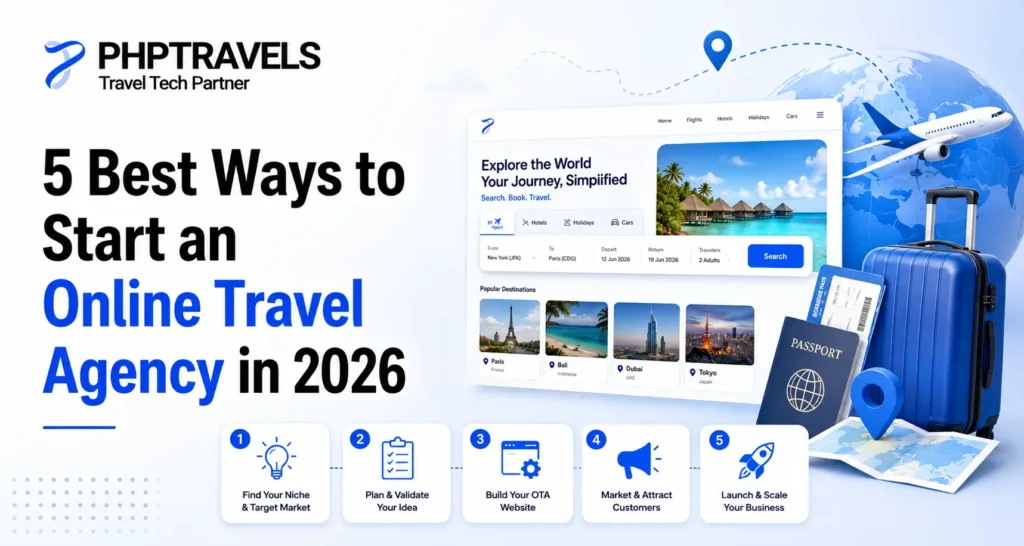 5 best ways to start an online travel agency in 2026 with travel booking website, business planning, marketing and growth.