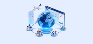 B2B travel business platform illustration showing global booking portal supplier connections travel inventory and agency network.