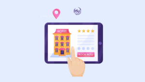 Hotel online booking interface showing a traveler booking a hotel on a digital device with ratings and instant confirmation