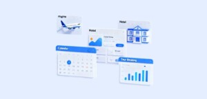 Online booking system interface showing flight, hotel, calendar, and tour booking modules.