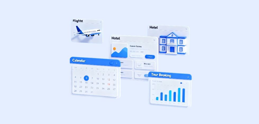 Online booking system interface showing flight, hotel, calendar, and tour booking modules.