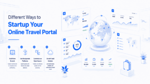 online travel portal startup, showing a globe with flight routes, booking statistics, and travel analytics dashboard in light blue and white tones.