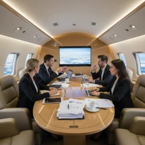 Productive business meeting at 40,000 feet on private jet