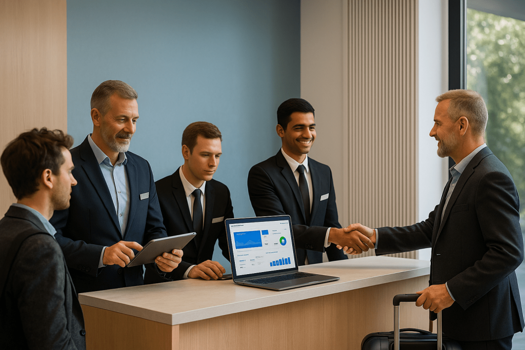 Hotel staff using a digital dashboard for guest check-ins and task scheduling

