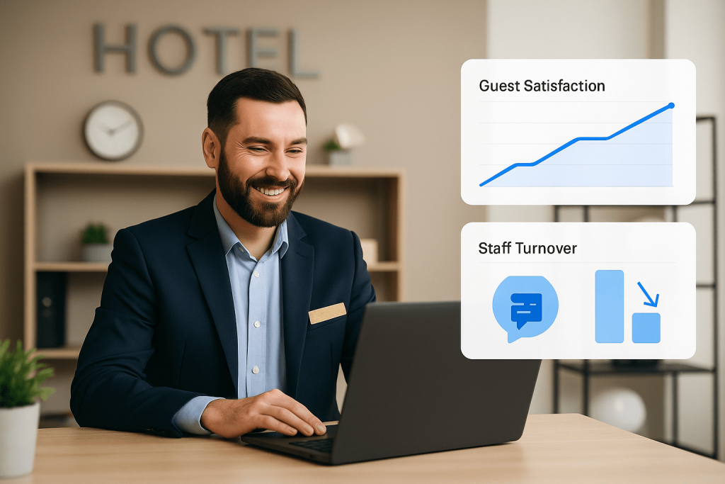 Guest satisfaction and staff performance chart on screen with hotel manager analyzing results


