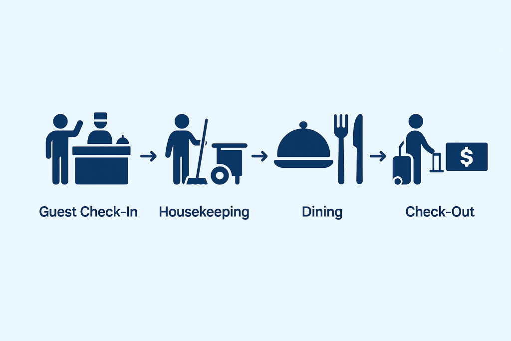 Step-by-step diagram showing hospitality service workflow from check-in to checkout

