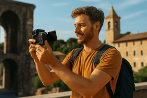 Travel vlogger recording destination video for travel agency promotion