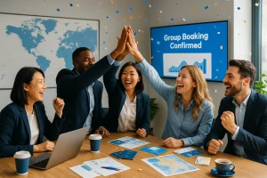 Successful travel agents celebrating a group booking confirmation in the office
