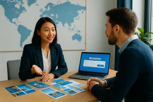Client talking to a travel agent at a desk with brochures and a laptop showing a booking screen