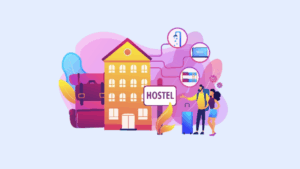 Illustration showing modern hotel and hostel accommodation with travelers luggage and digital amenities representing the evolving hotel industry