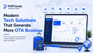 PHPTravels feature image showing modern travel tech solutions, OTA booking dashboard, analytics, hotels, flights, tours, and payments.