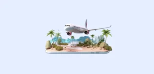 Futuristic travel agency concept with airplane flying over a mobile phone showing digital tourism and online booking technology.